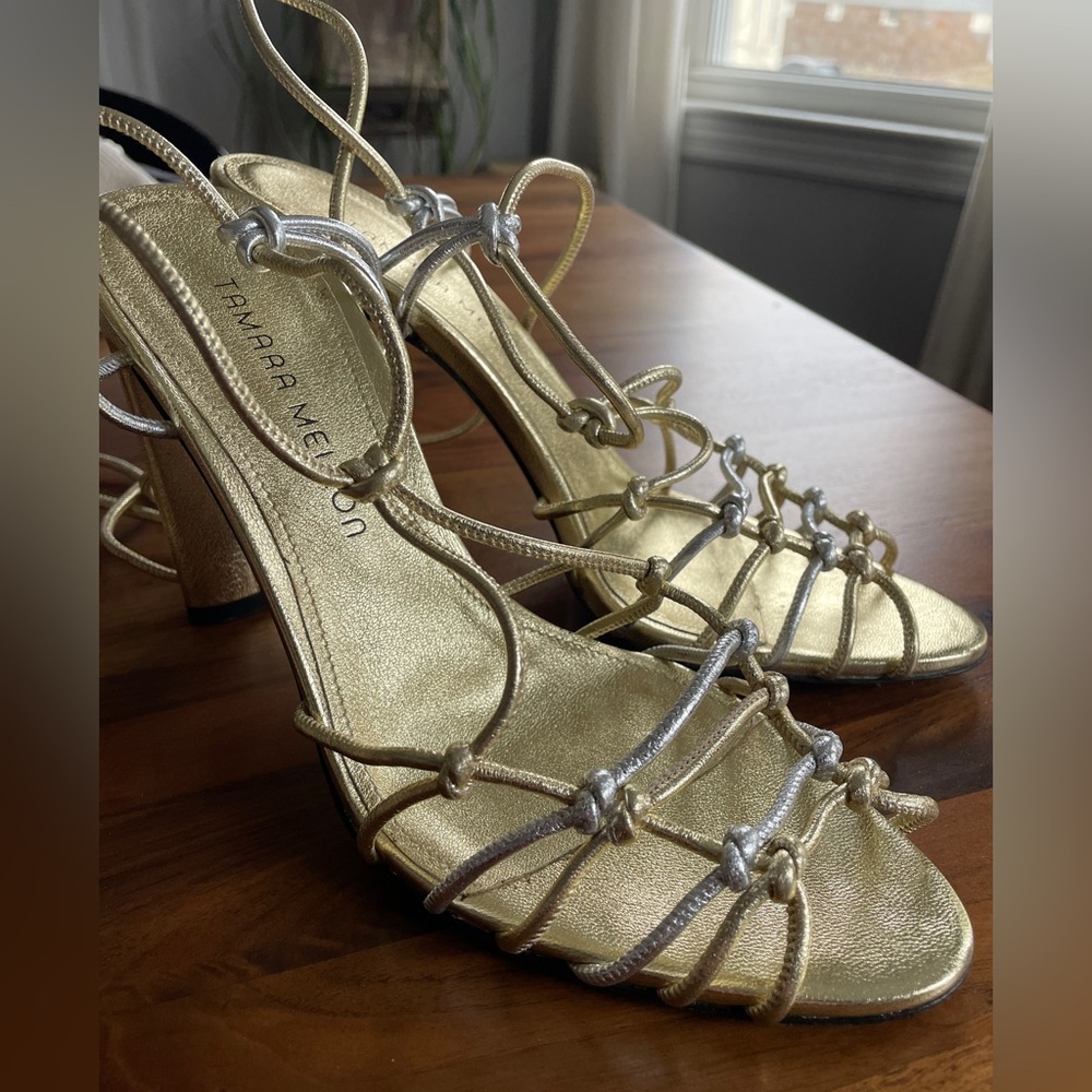 Tamara Mellon Flora - Nappa Laminata gold heeled sandals